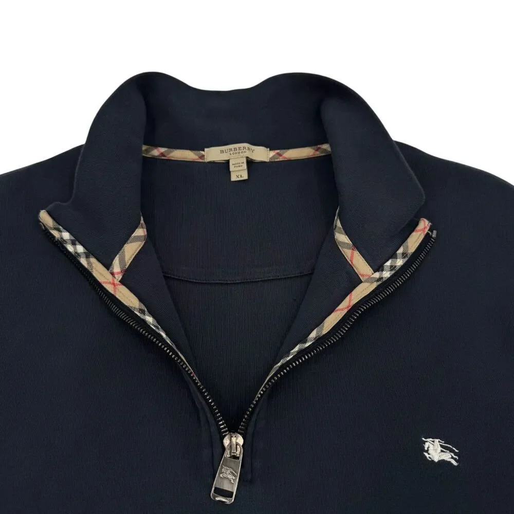 Burberry Men's Cotton Quarter Zip Pullover Sweatshirt Navy Blue XL